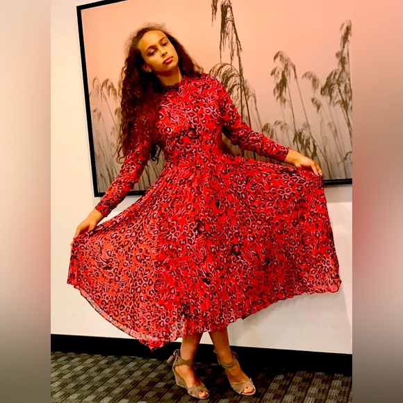 WHISTLES RED LEOPARD PRINT PLEAT DRESS - Picture 3 of 5